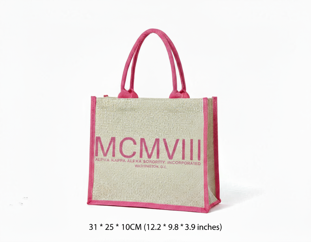 Size view of Alpha Kappa Alpha MCMVIII jute tote with reinforced pink handles and Roman numeral design.