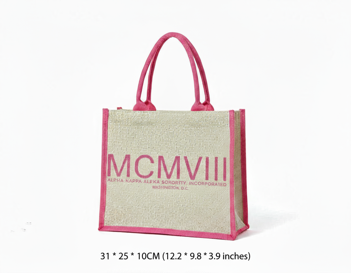 Size view of Alpha Kappa Alpha MCMVIII jute tote with reinforced pink handles and Roman numeral design.