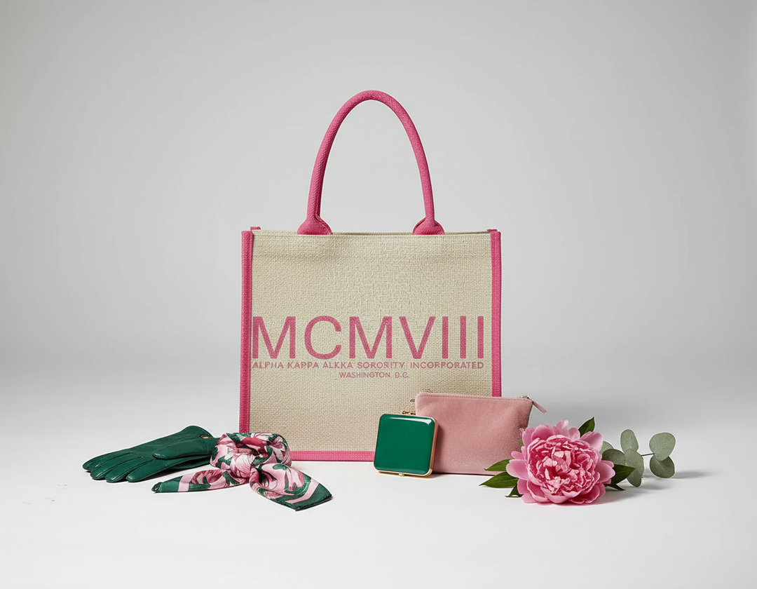 Styled Alpha Kappa Alpha MCMVIII burlap tote with pink scarf and accessories, photographed for A&W Greek Shop.