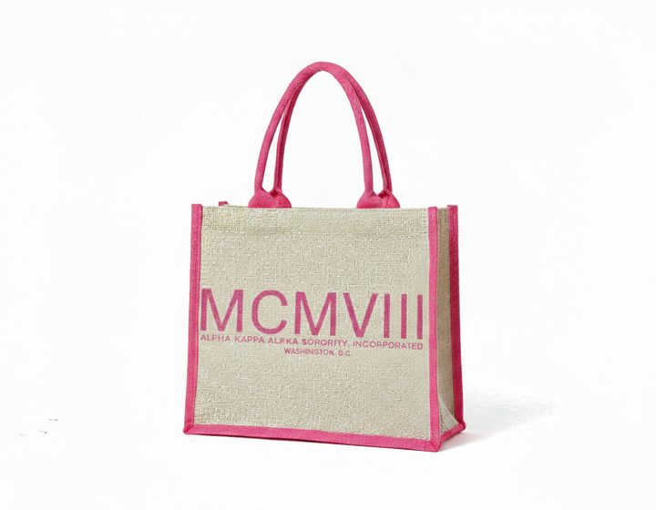 Alpha Kappa Alpha MCMVIII jute tote bag with pink trim by A&W Greek Shop, eco-friendly sorority carryall.