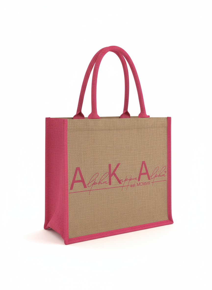 Alpha Kappa Alpha script burlap tote bag with floral accents and pink trim by A&W Greek Shop.