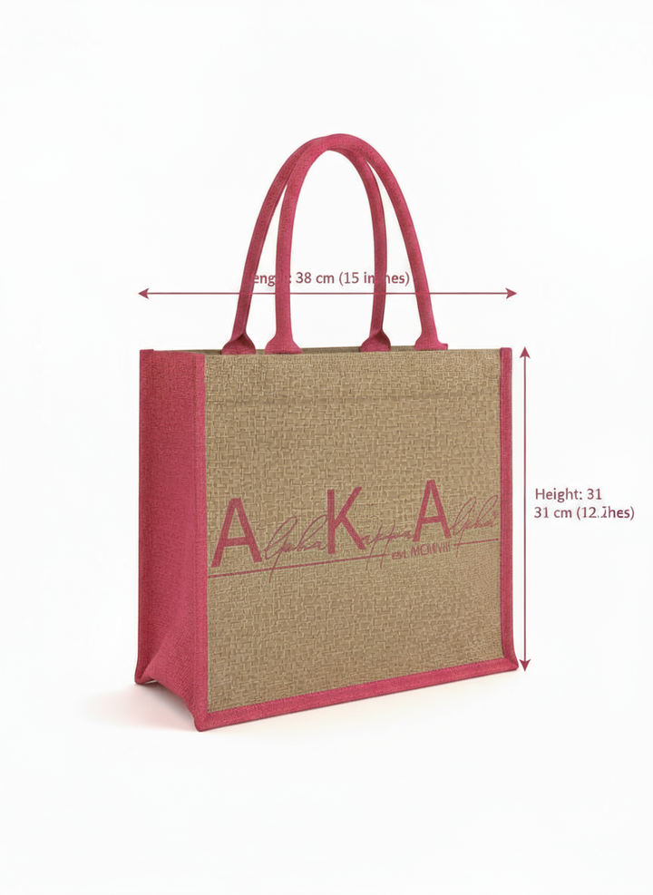 Size listing of scripted AKA jute tote, photographed for A&W Greek Shop.