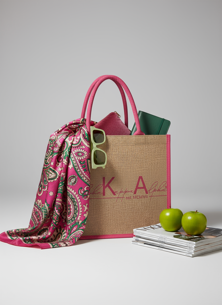Styled Alpha Kappa Alpha script burlap tote with green apple and accessories, photographed for A&W Greek Shop.
