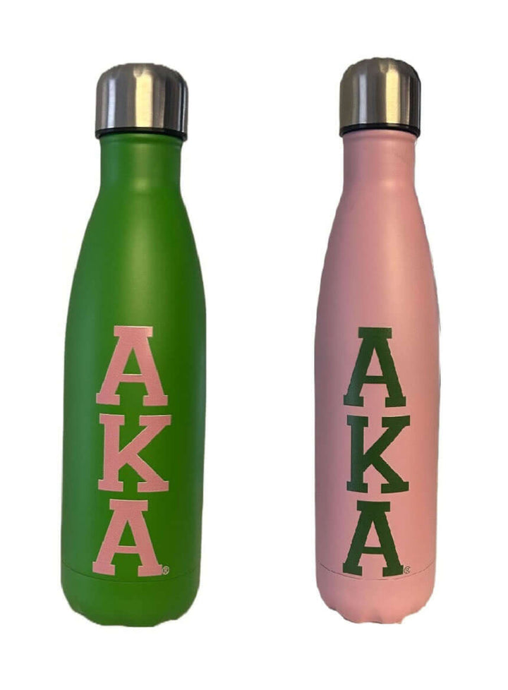 AKA leak free insulated reusable stainless steel water bottle in green and pink