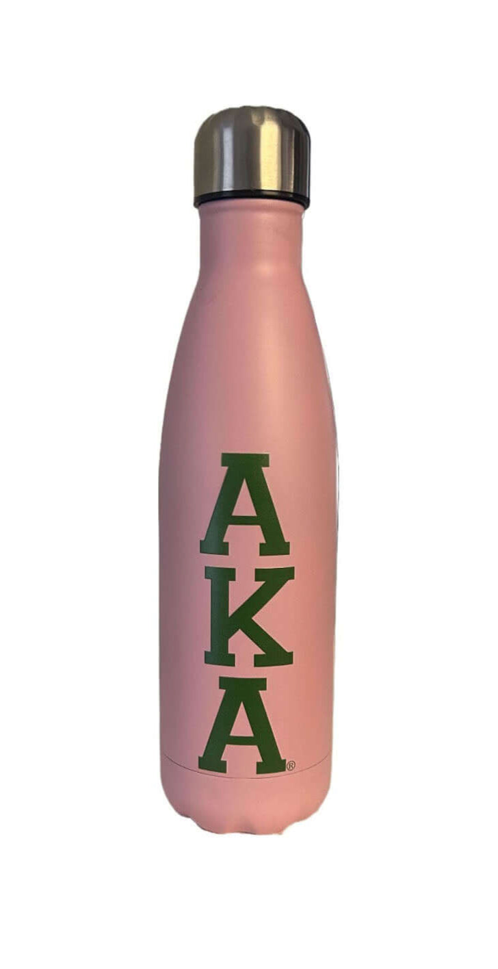 Pink stainless steel water bottle featuring AKA letters, perfect for sorority and fraternity paraphernalia and Greek gear.