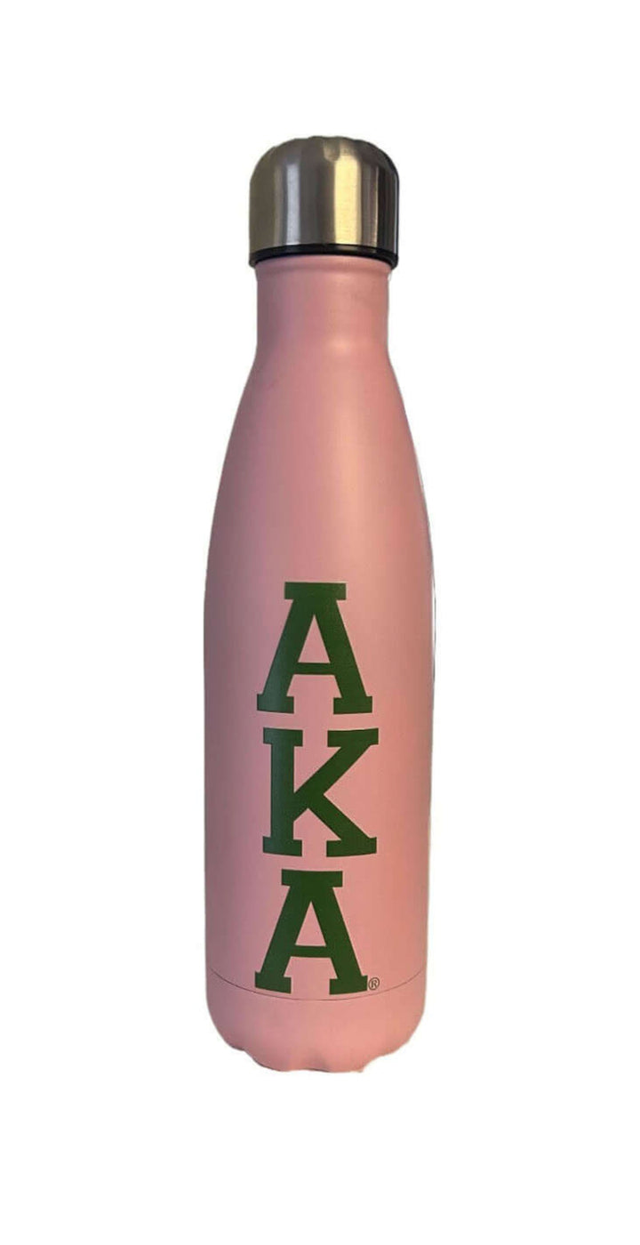 Pink stainless steel water bottle featuring AKA letters, perfect for sorority and fraternity paraphernalia and Greek gear.