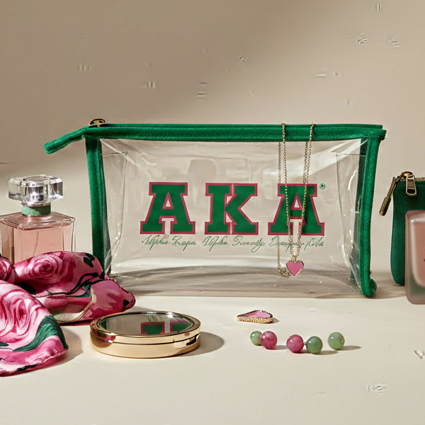 Alpha Kappa Alpha clear cosmetic bag with green trim by A&W Greek Shop, TSA-approved sorority travel pouch