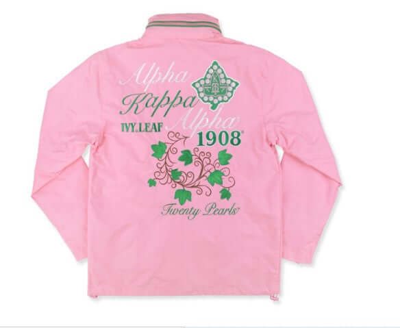 Lightweight pink windbreaker, embroidered with Ivy Leaf and Twenty Pearls, ideal sorority Greek gear.