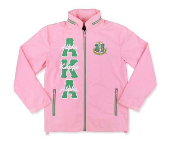 Light-weight pink AKA windbreaker with embroidered Ivy Leaf, perfect Greek gear for sorority and fraternity events.