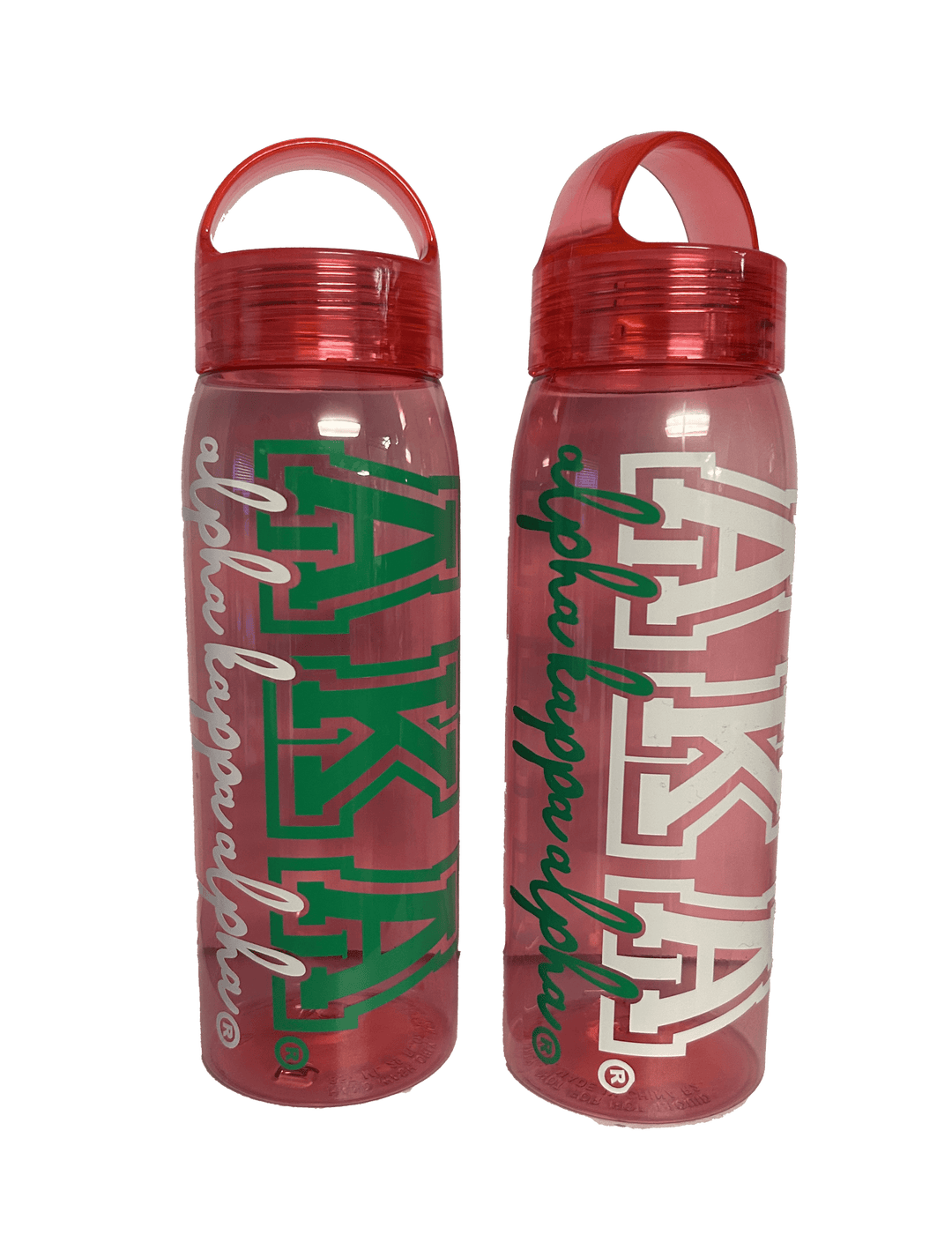 Pink AKA water bottles with sorority symbols, perfect for Greek gear and fraternity paraphernalia, 16 ounces.