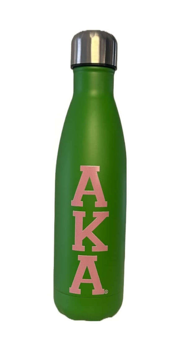 AKA Water Bottle - Green stainless steel tumbler 17 oz for sorority and fraternity paraphernalia, BPA free and insulated.