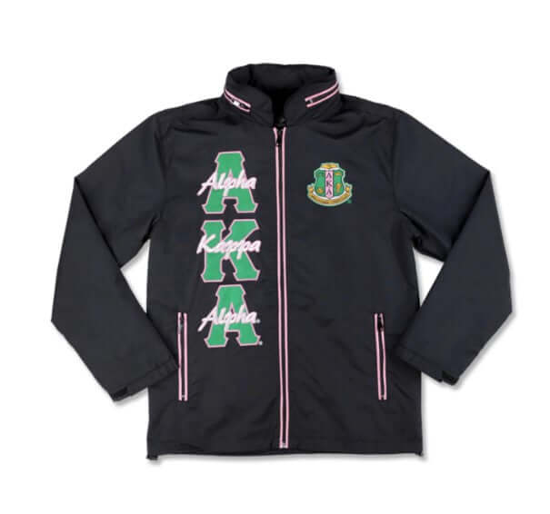 AKA Windbreaker Jacket in Black with Embroidered Sorority Symbols and Weather-Resistant Design for Greek Gear Enthusiasts.