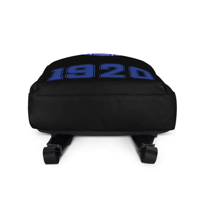 Zeta Backpack bottom view, showcasing black fabric with 1920 design, perfect for sorority and fraternity gear.