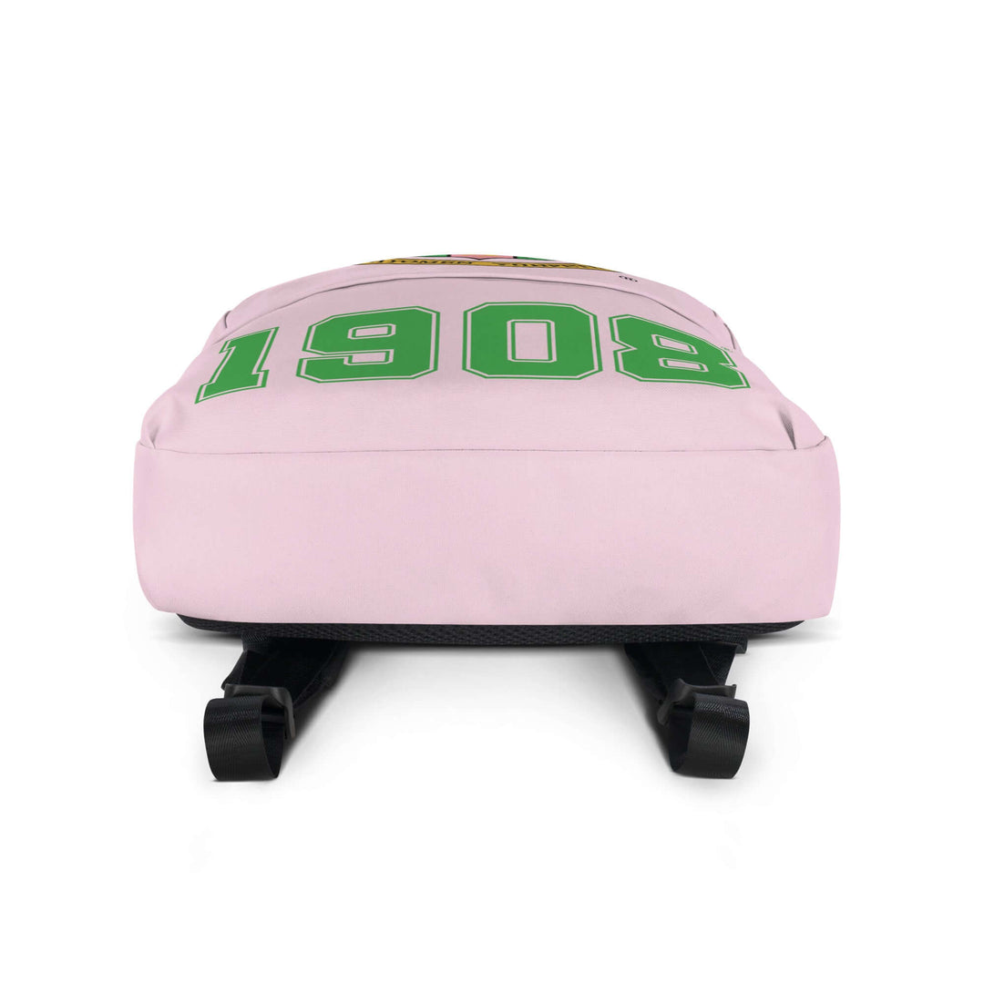 Pink AKA Crest backpack featuring "1908" design, perfect for sorority and fraternity paraphernalia and Greek gear.