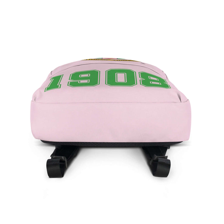 Pink AKA Crest backpack featuring "1908" design, perfect for sorority and fraternity paraphernalia and Greek gear.