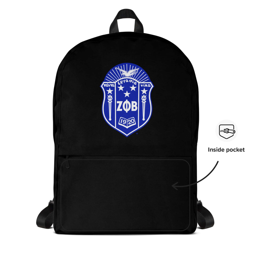Zeta Backpack featuring Greek letters and an inside pocket, perfect for sorority or fraternity paraphernalia and daily use.