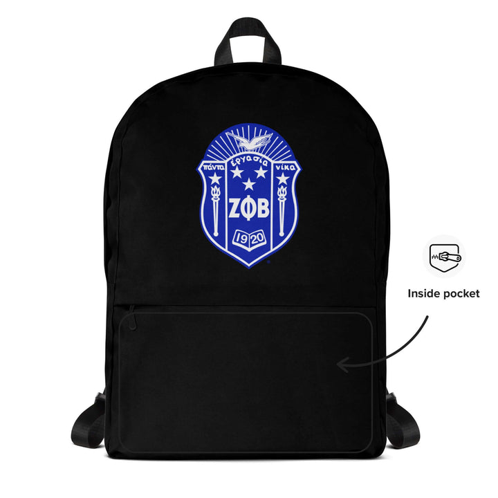 Zeta Backpack featuring Greek letters and an inside pocket, perfect for sorority or fraternity paraphernalia and daily use.