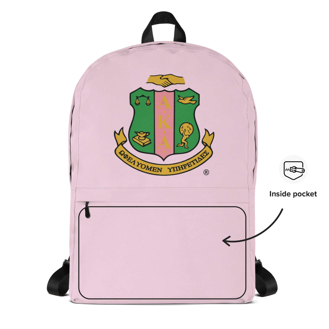 AKA Crest & Year Backpack in pink, featuring sorority emblem and inside pocket for convenient storage. Perfect Greek gear!