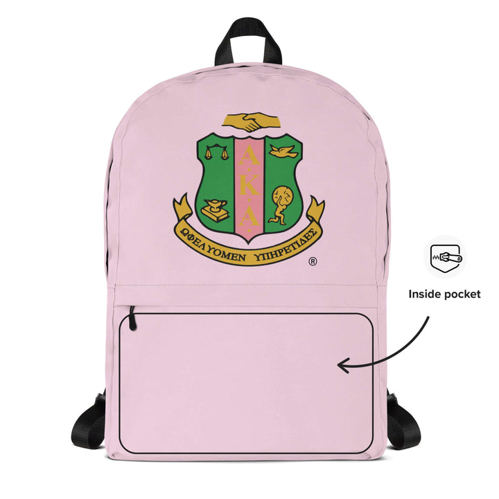 AKA Crest & Year Backpack in pink, featuring sorority emblem and inside pocket for convenient storage. Perfect Greek gear!