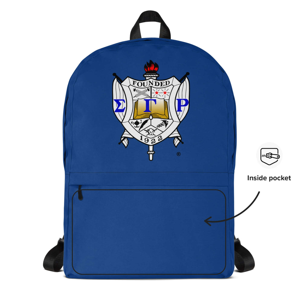 SGRho Crest and Year Backpack in blue with inside pocket, perfect for sorority and fraternity gear.
