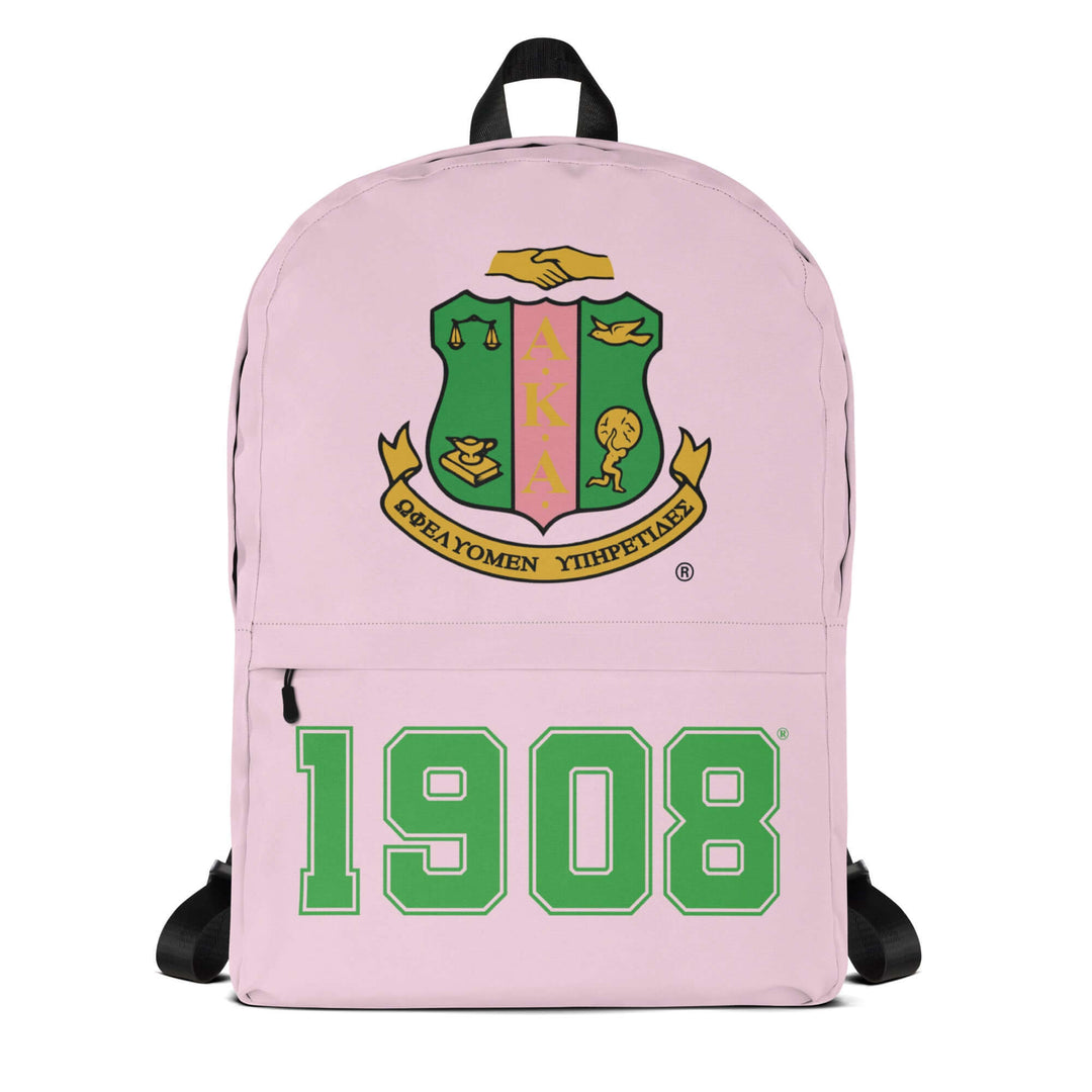 AKA Crest & Year Backpack in pink, featuring sorority emblem and 1908, perfect for fraternity and Greek gear enthusiasts.