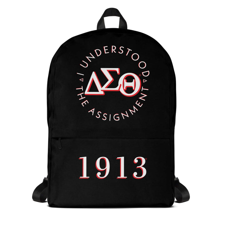 Delta Sigma Theta minimalist backpack featuring "I Understood the Assignment" design, perfect for sorority paraphernalia and Greek gear.