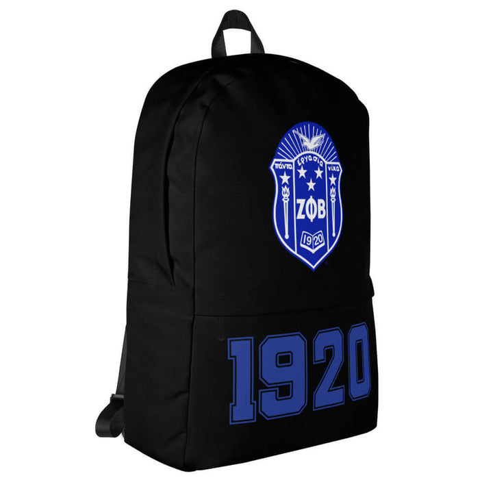 Zeta Backpack featuring blue emblem and 1920 design, perfect for sorority and fraternity gear, sports, and daily use.