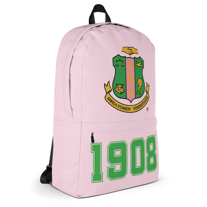 AKA Crest backpack in pink, featuring Greek letters and "1908," perfect for sorority and fraternity paraphernalia.