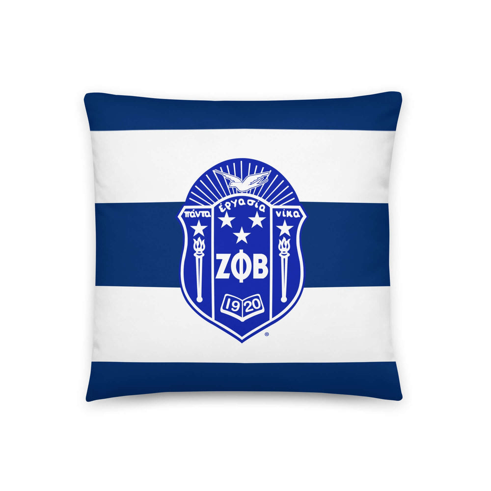 ZPHiB Finer Pillow featuring the sorority logo on blue and white stripes, perfect Greek gear for your home decor.