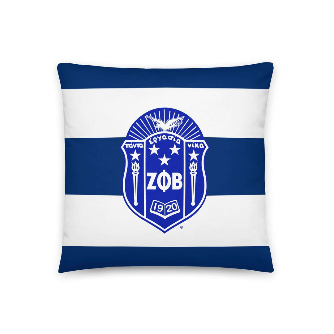ZPHiB Finer Pillow featuring the sorority logo on blue and white stripes, perfect Greek gear for your home decor.
