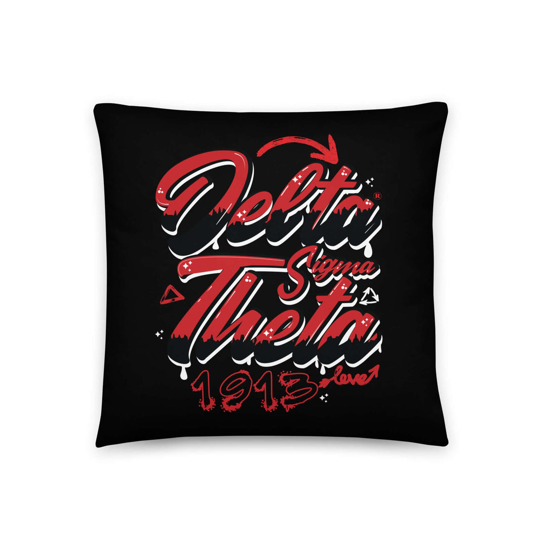 Delta Sigma Theta graffiti pillow showcasing vibrant red and black design, perfect for sorority and fraternity decor.