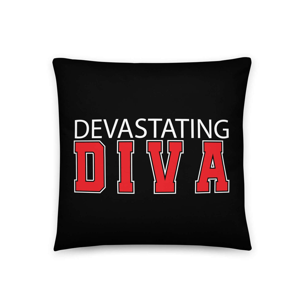 Devastating Diva Pillow in black with bold red and white typography, perfect for sorority and fraternity decor.