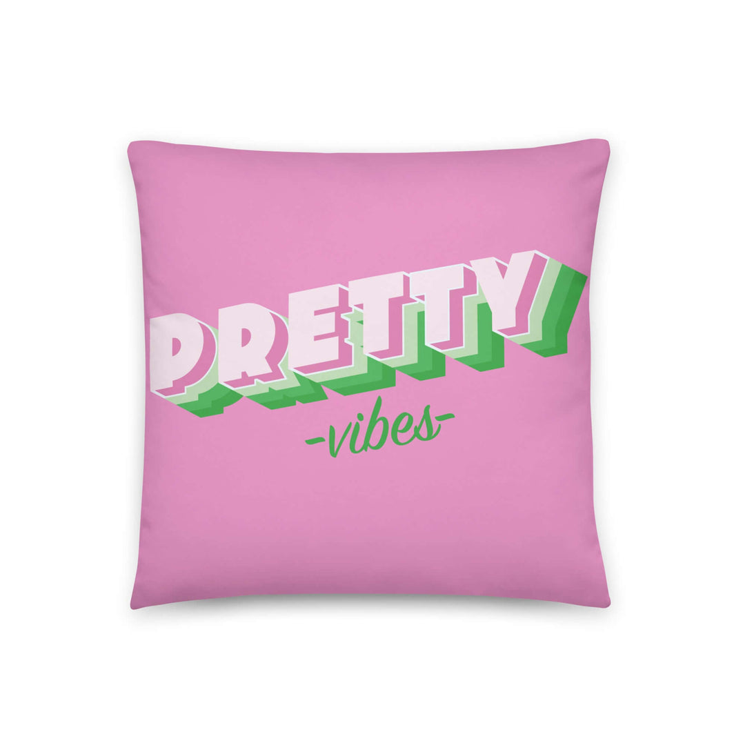 Bright pink retro pillow with "Pretty Vibes" text, perfect for sorority home décor and 90s-inspired style.
