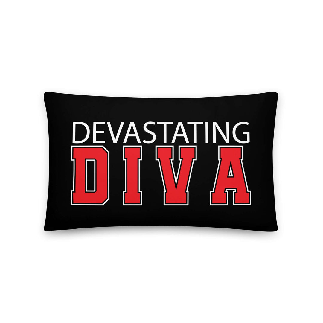 Devastating Diva Pillow in black with bold red typography, perfect for sorority and fraternity home decor.