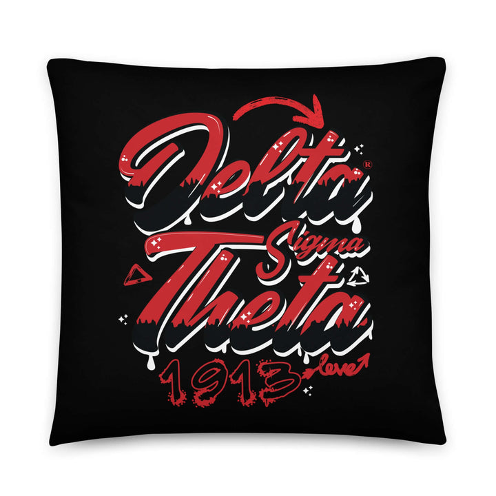 Delta Sigma Theta graffiti pillow featuring bold colors and design; perfect sorority paraphernalia for Greek gear.