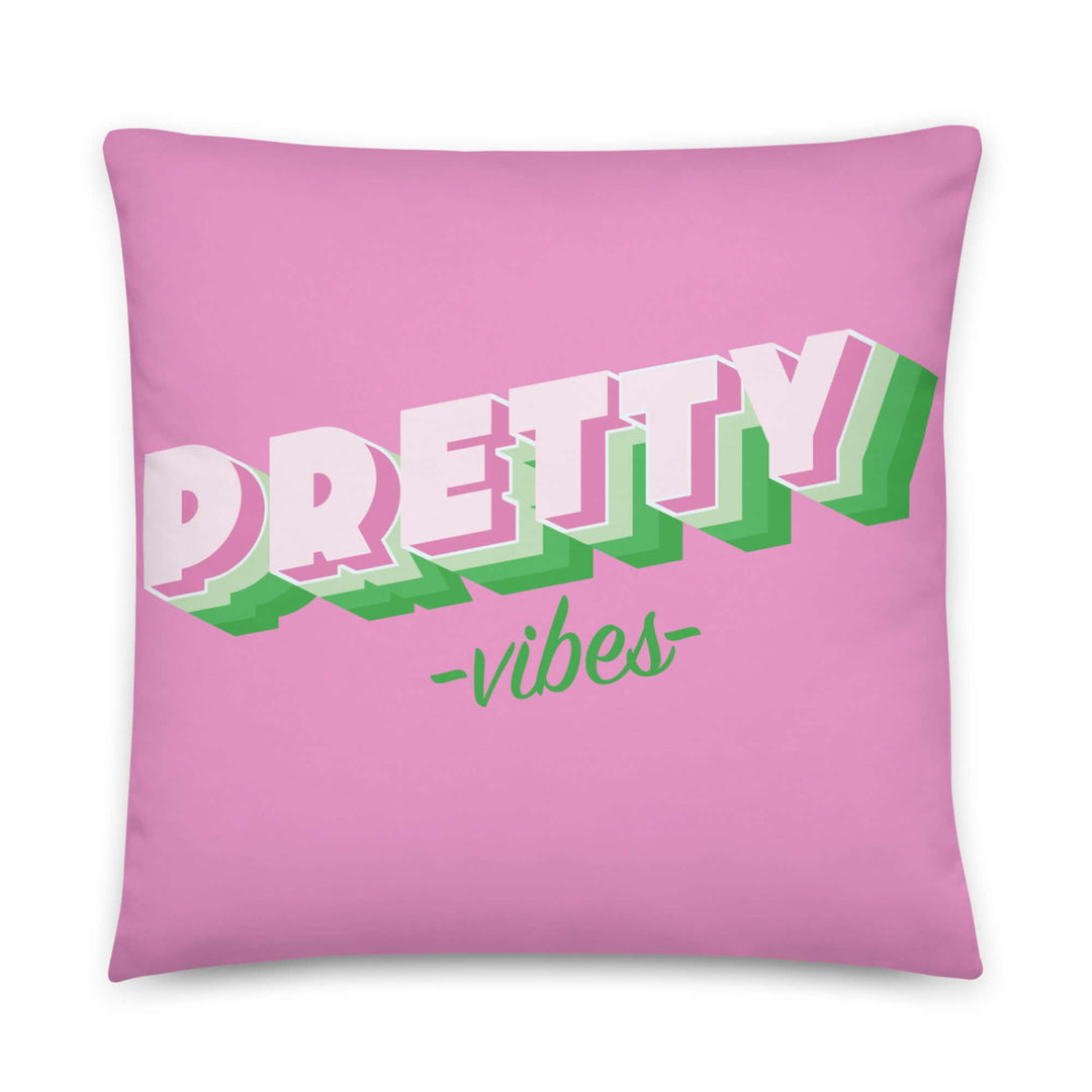 Bright pink 90s retro pillow with "Pretty Vibes" text, perfect for sorority decor and Greek gear enthusiasts.