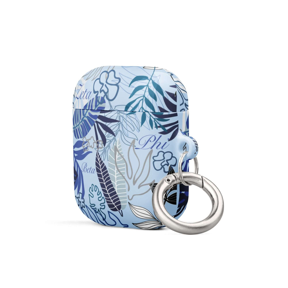 Stylish Zeta Case for AirPods® in blue floral design with carabiner for easy attachment, perfect Greek gear for sororities.
