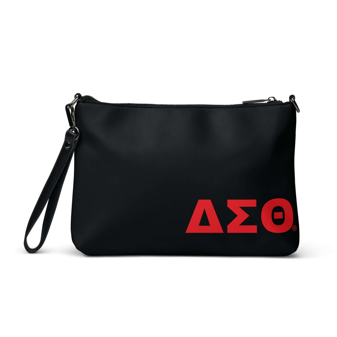 Delta Sigma Theta sorority crossbody bag in black with red logo, perfect for Greek gear and stylish paraphernalia.