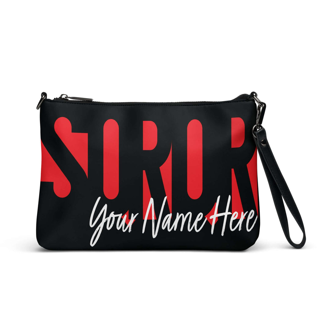Delta Sigma Theta personalized crossbody bag featuring bold red "SOROR" lettering on sleek black faux leather.
