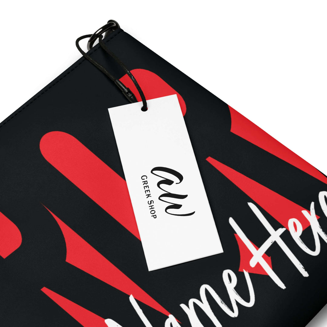 Delta Sigma Theta crossbody bag close-up with tag, featuring bold red and black sorority design.