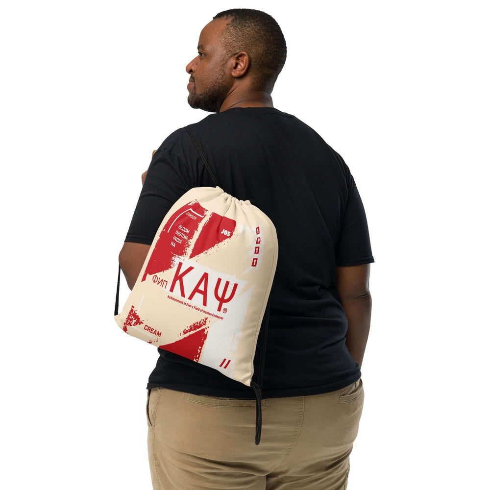 Kappa Alpha Psi drawstring bag worn as a backpack, featuring vibrant prints and stylish design, perfect for sorority and fraternity gear.