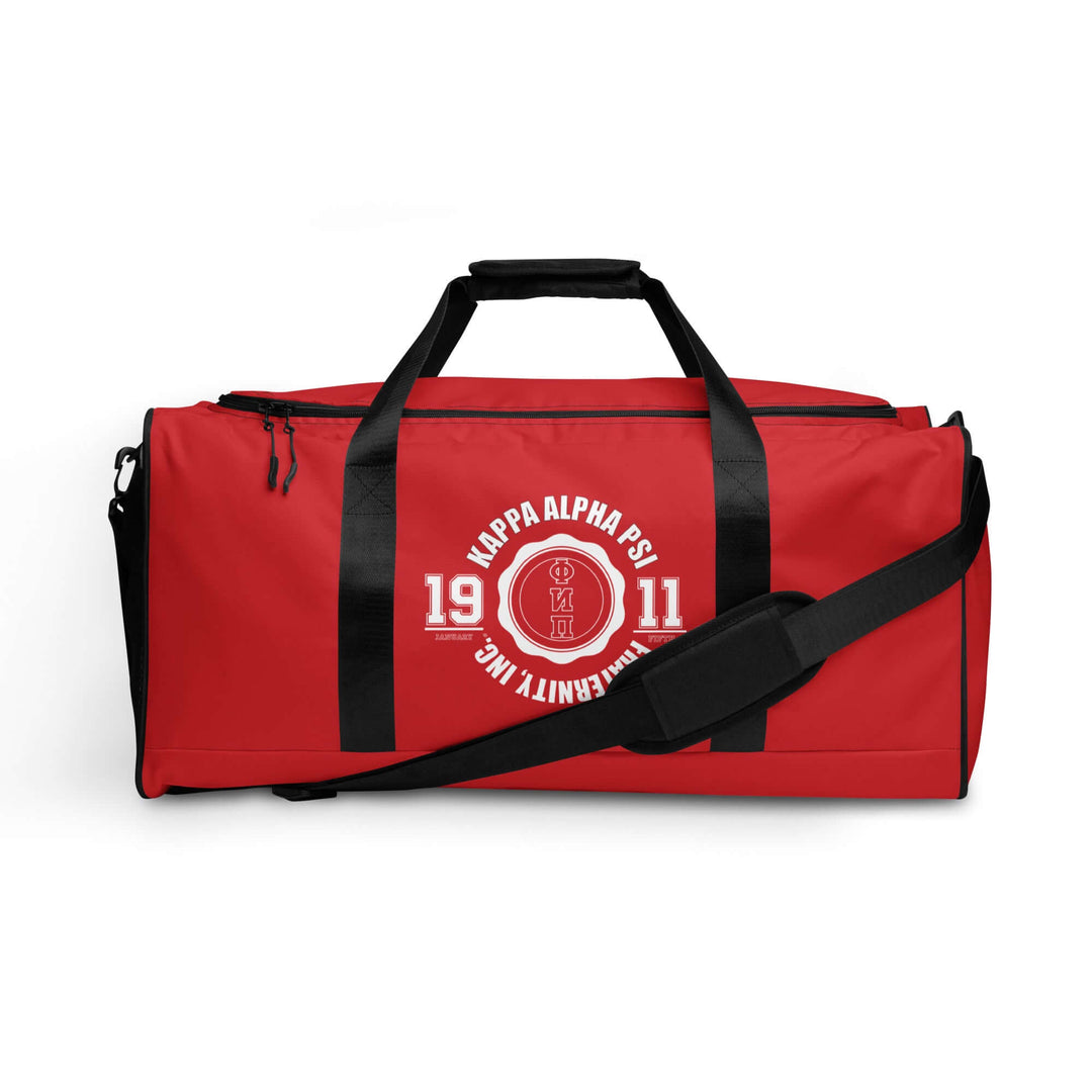 Kappa Alpha Psi duffle bag in red, perfect for sorority or fraternity outings, featuring durable design and adjustable strap.