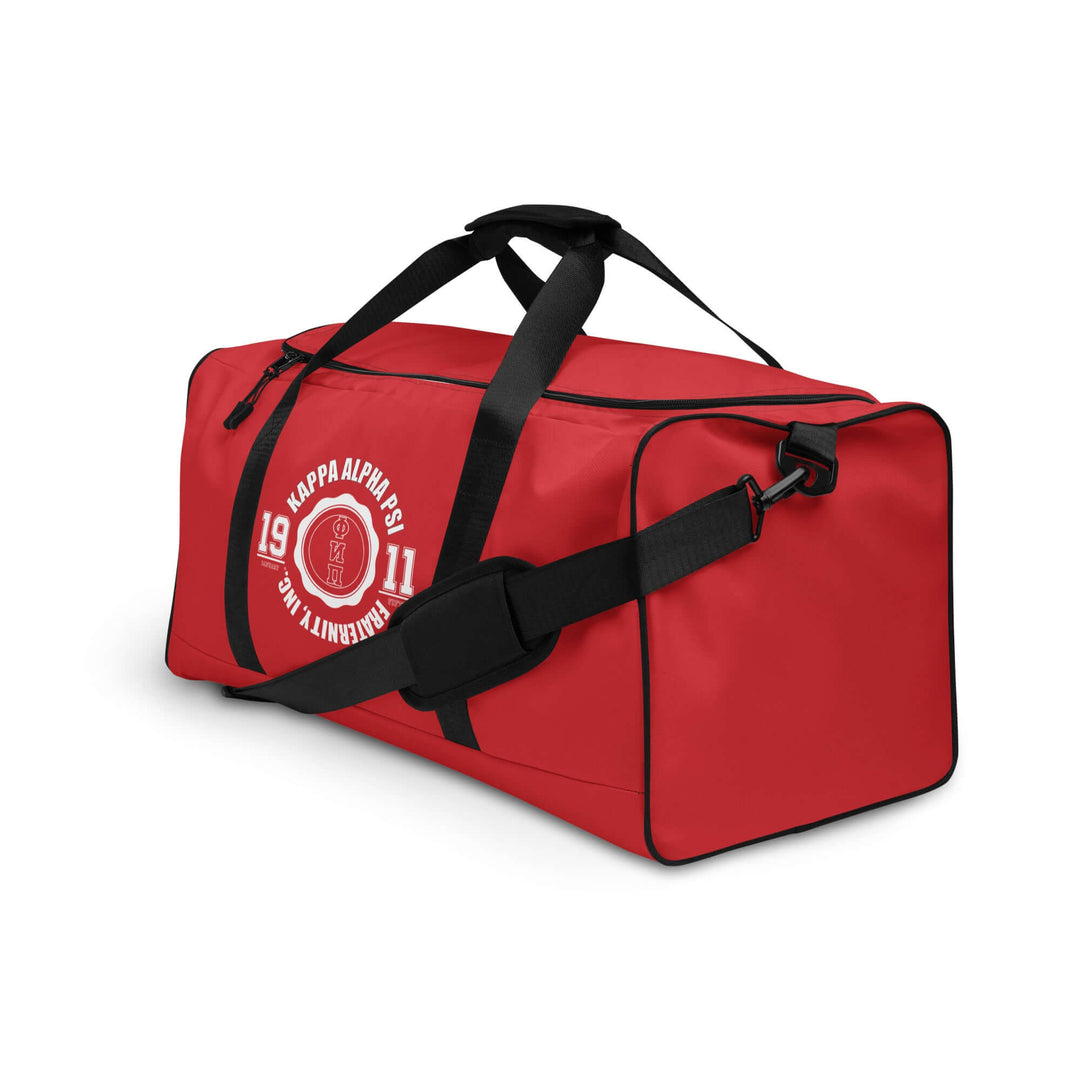 Kappa Alpha Psi "The Cream Standard" duffle bag in red, perfect for sorority and fraternity events, gym, and travel.