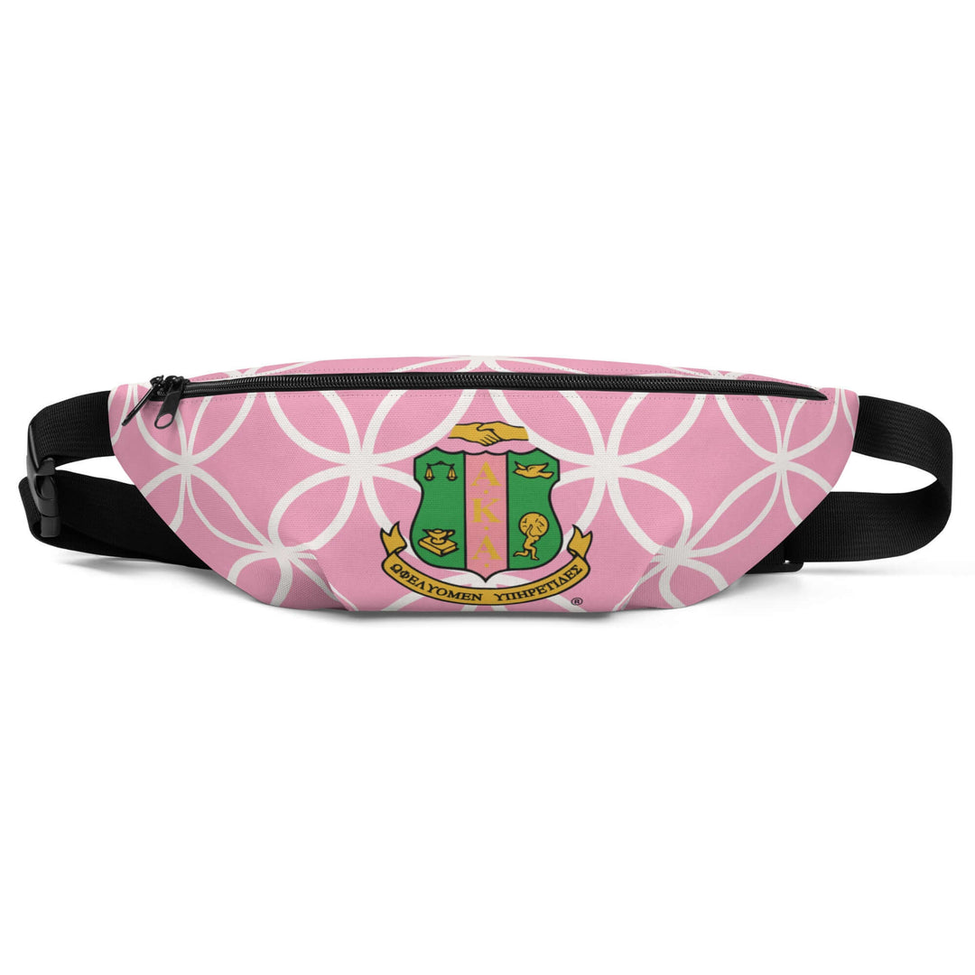 Pink AKA Crest fanny pack with decorative pattern, perfect Greek gear for sororities and fraternities on the go.