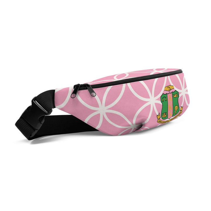 AKA Crest Fanny Pack in pink with Greek design, perfect for sorority and fraternity paraphernalia on the go.