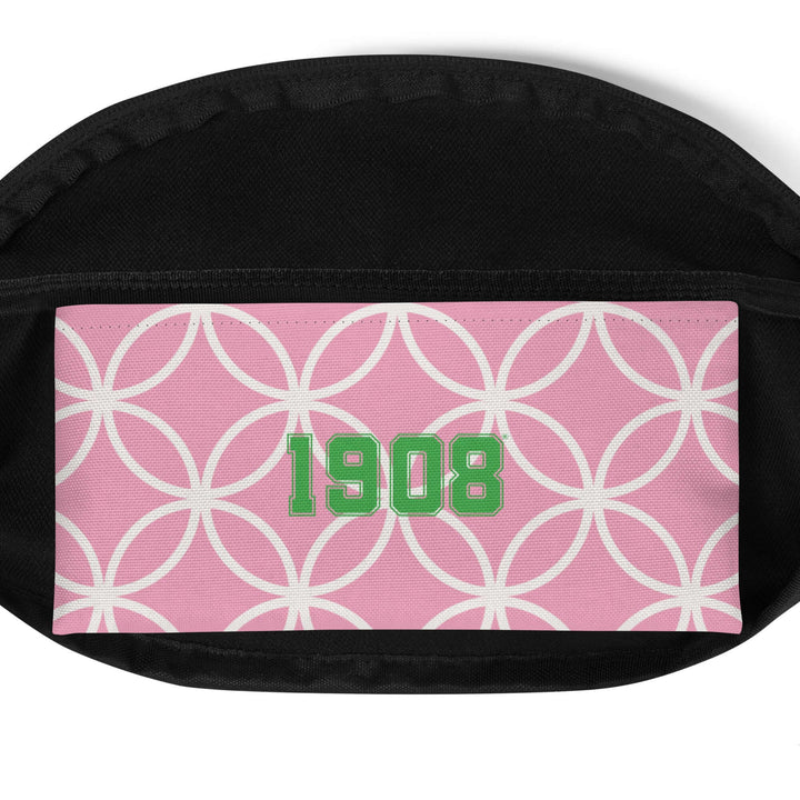 AKA Crest Fanny Pack interior showing pink pattern and '1908' in green, perfect for sorority and fraternity paraphernalia.