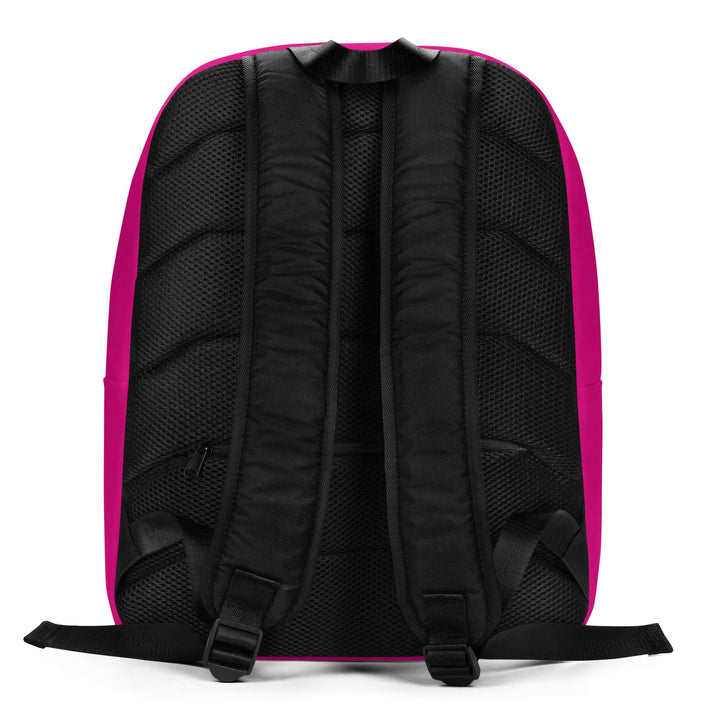 Back view of AKA One Nine Minimalist Backpack with padded black straps and vibrant pink exterior, perfect Greek gear.