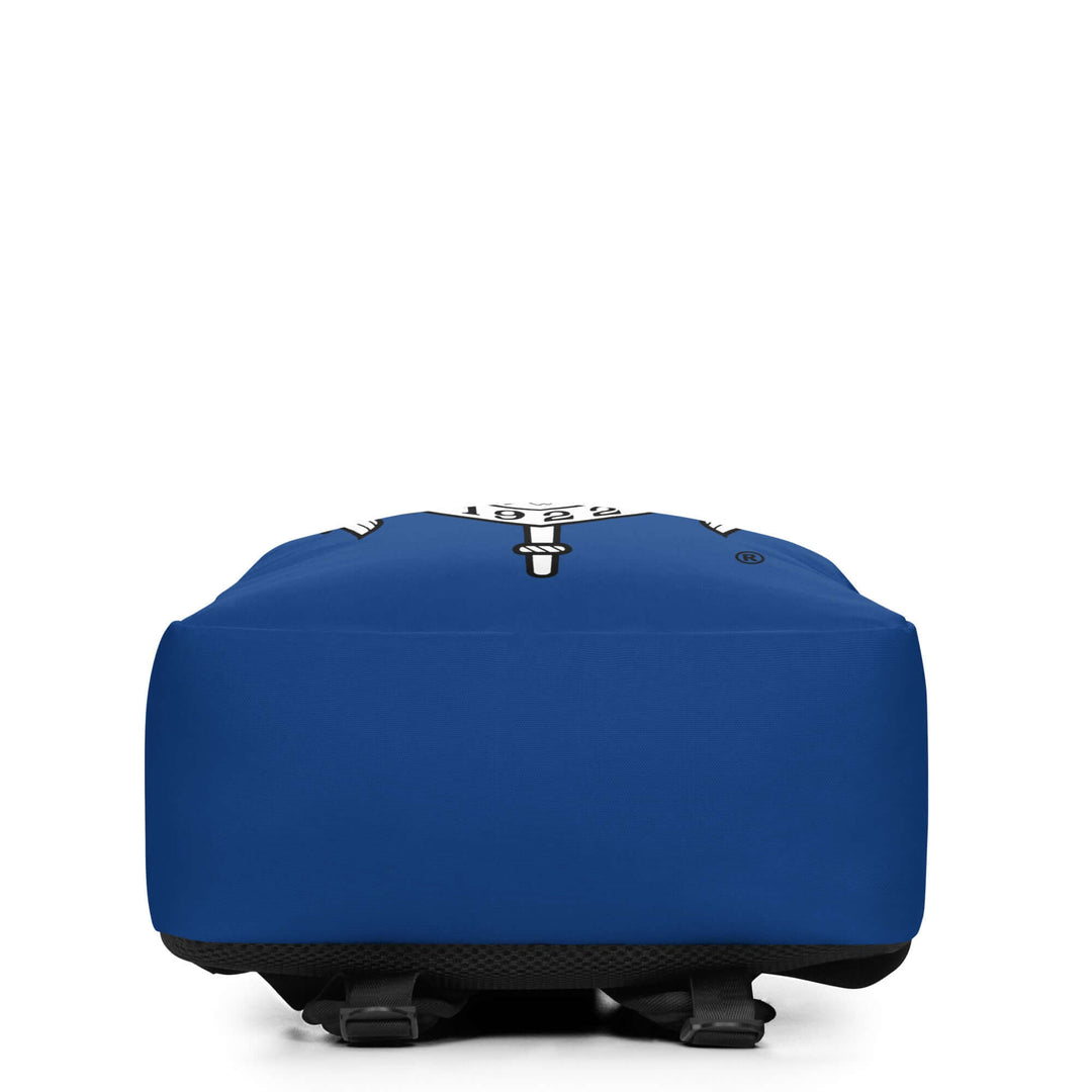 Minimalist SGRho Crest backpack in blue, showcasing the spacious design and quality fabric for Greek life.