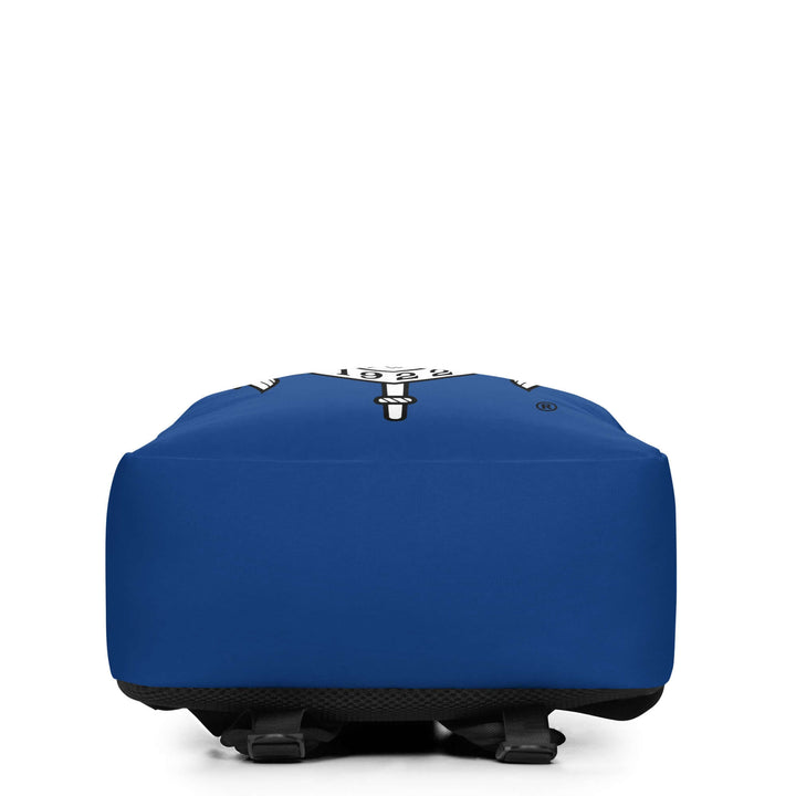Minimalist SGRho Crest backpack in blue, showcasing the spacious design and quality fabric for Greek life.
