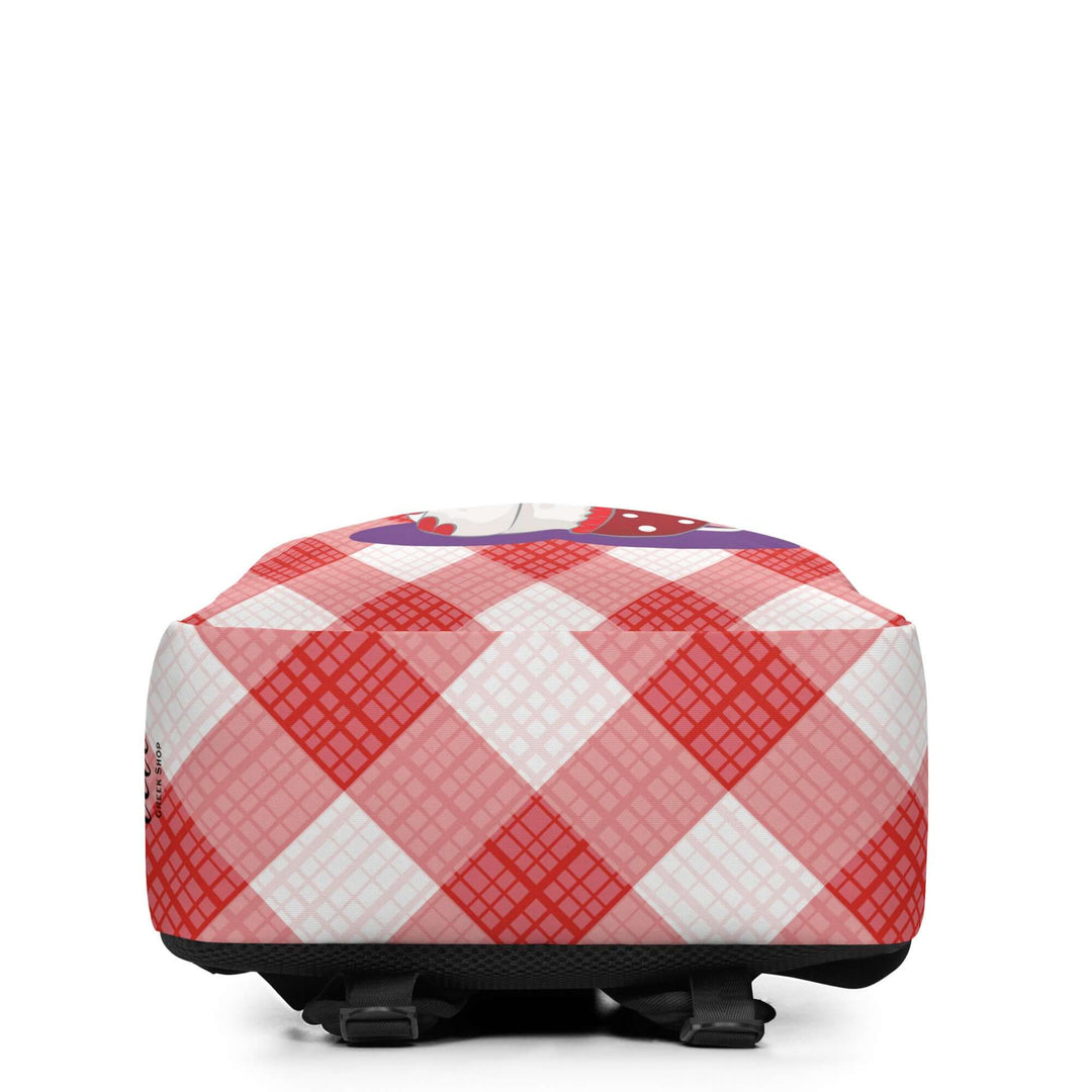 Back view of a minimalist backpack featuring a red checkered design, ideal for sorority and fraternity gear for kids.